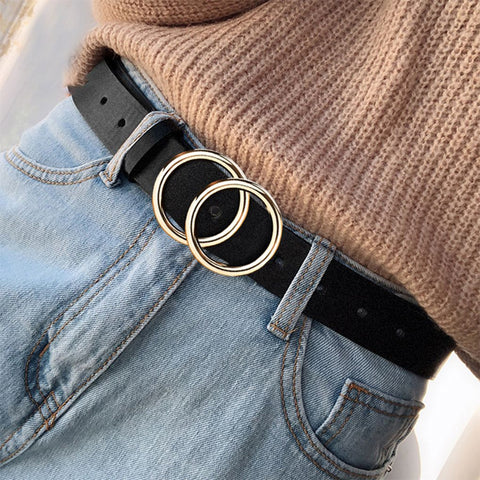Double Ring Circle Button Belt Leisure Jeans Fashion Dress Women Leather Belt