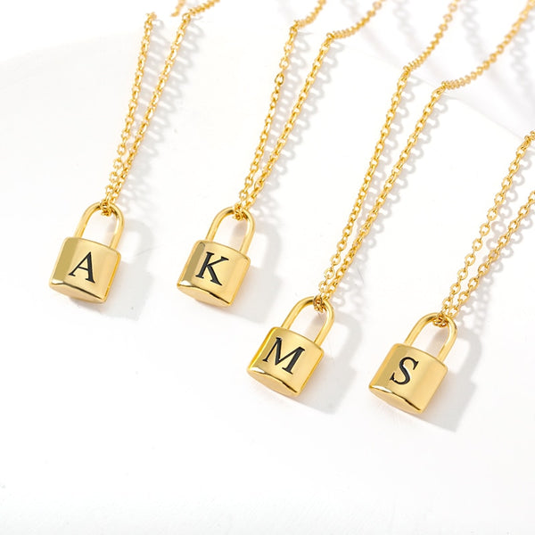 Stainless Steel Initial Necklace For Women Choker Gold Chain Lock Padlock Necklace