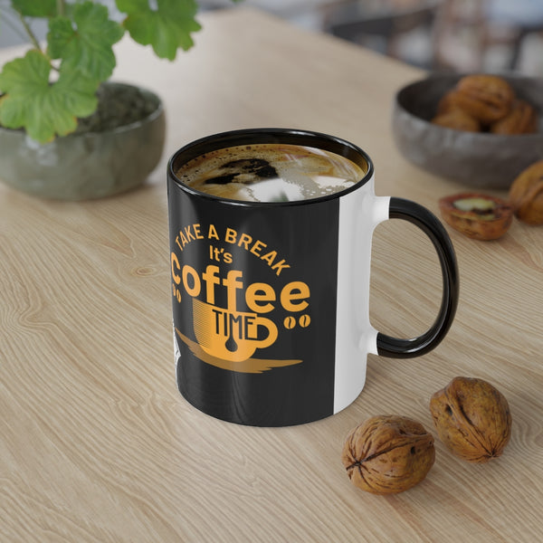 Ceramic Coffee Mug in Cool Black & White Design - White Glossy Tea Cup Printed With Take A Break Its Coffee Time