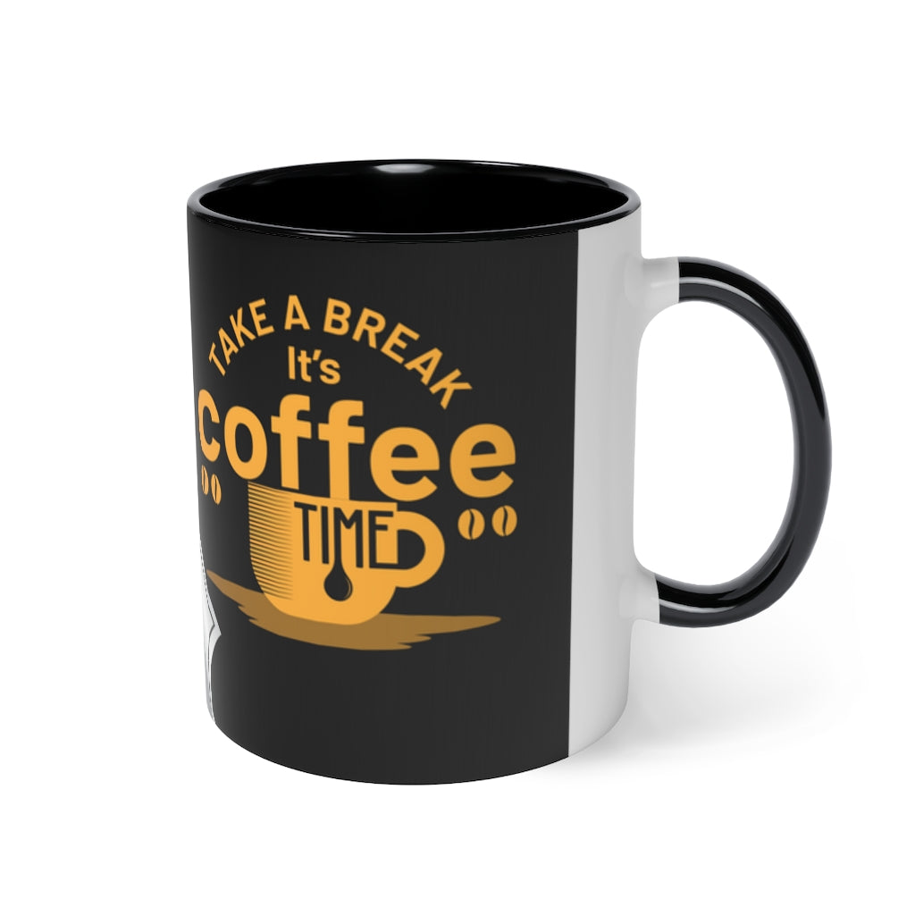 Ceramic Coffee Mug in Cool Black & White Design - White Glossy Tea Cup Printed With Take A Break Its Coffee Time