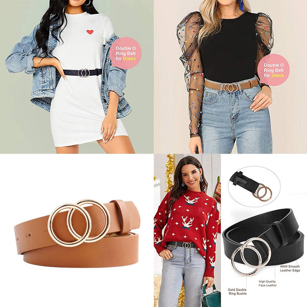 Double Ring Circle Button Belt Leisure Jeans Fashion Dress Women Leather Belt