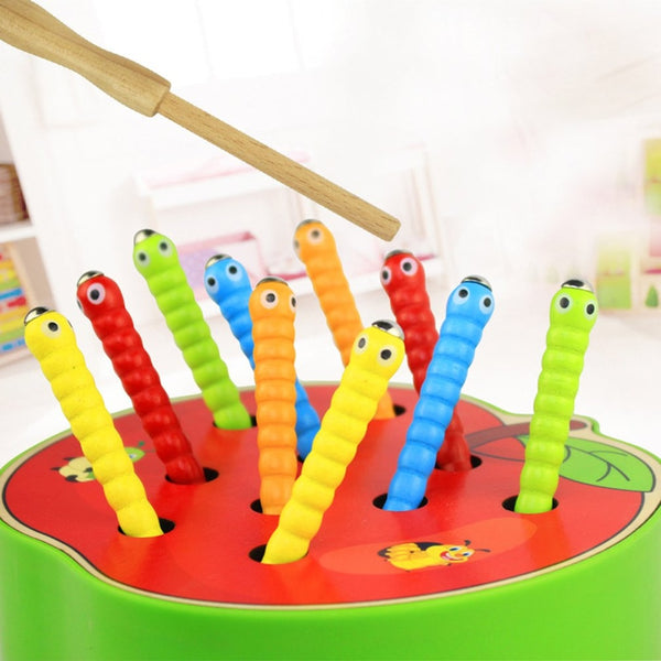 Baby Montessori Wooden Toys Magnetic Catch Worms 3D Puzzle Educational Game Toy