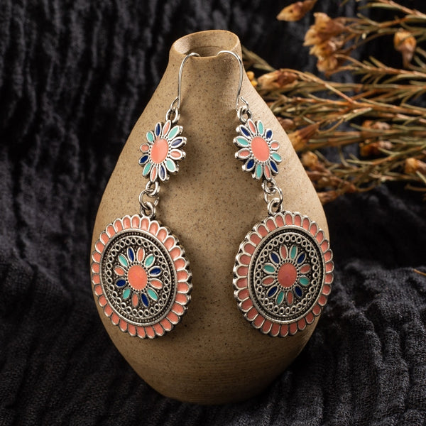 Vintage Ethnic Flower Oil Drop Dangle Hanging Earrings for Women
