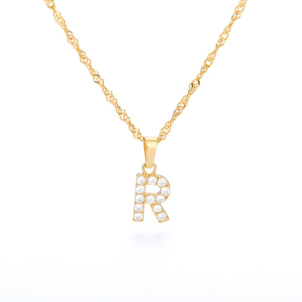 Cubic Zirconia 26 Initial Letter Pendant Necklace For Women Stainless Steel Gold Chain Alphabet Chokers