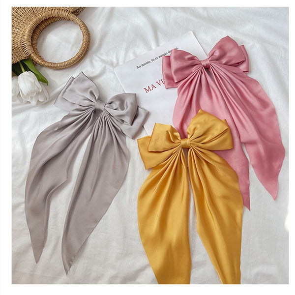 Solid Color Big Large Satin Bow Hairpins Barrettes For Women Girl Wedding Long Ribbon clip