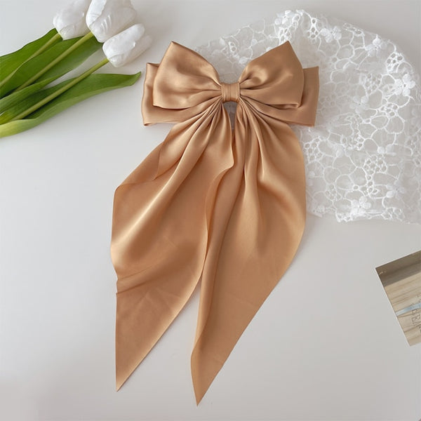 Solid Color Big Large Satin Bow Hairpins Barrettes For Women Girl Wedding Long Ribbon clip