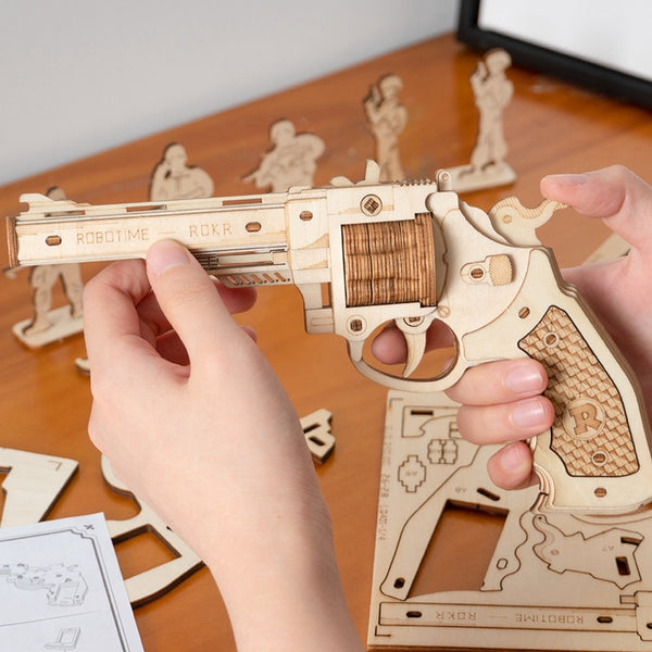 DIY Revolver,Scatter with Rubber Band Bullet  Wooden Model Building Block Kit Assembly Toy